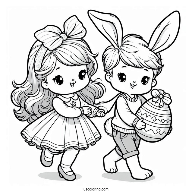 Girl And Boy Easter Bunny Coloring Page Carrying Easter Egg With Bow