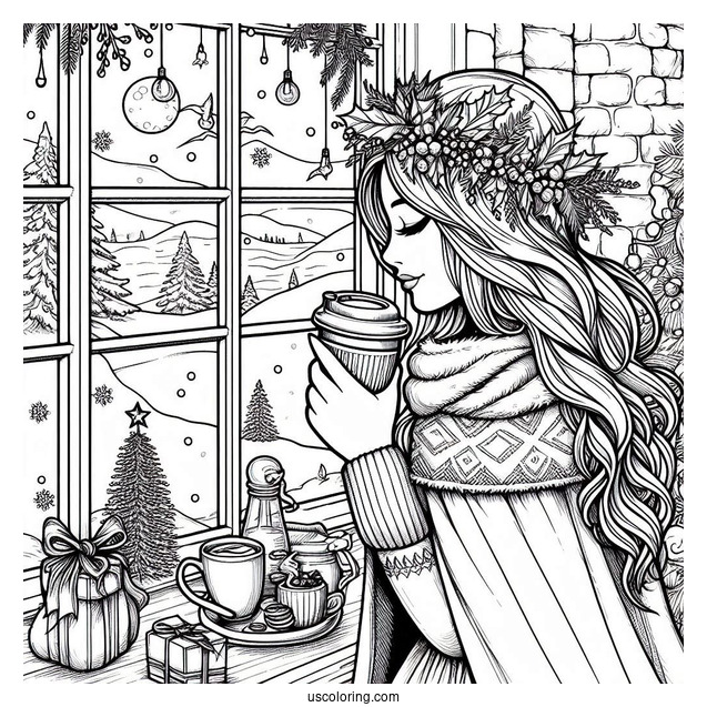 Coffee Coloring Pages Of Woman In Dress And Cape Drinking Coffee On Christmas Day By Window Bay