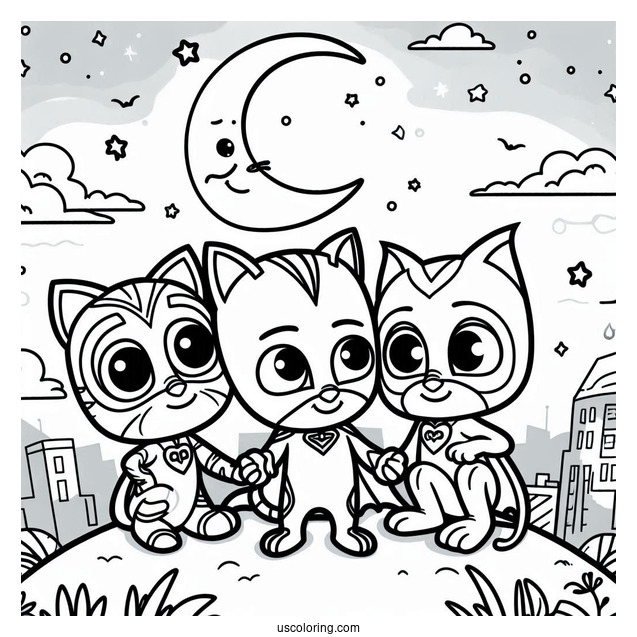 PJ Masks Coloring Page Of Gekko, Catboy, And Owelette In The Night Sky