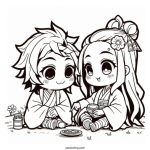 Chibi Tanjiro And Nezuko coloring Page Playing Outdoors For Kids