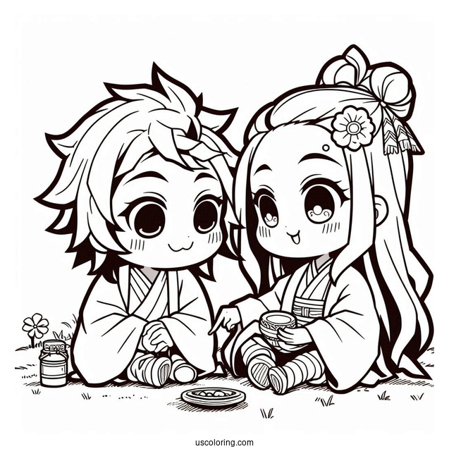 Chibi Tanjiro And Nezuko coloring Page Playing Outdoors For Kids