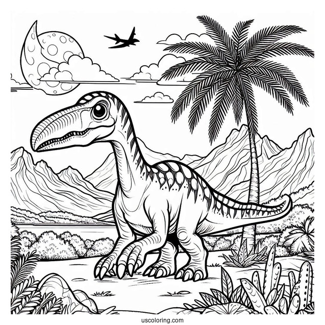 Scary Troodon In The Mountain Coloring Page