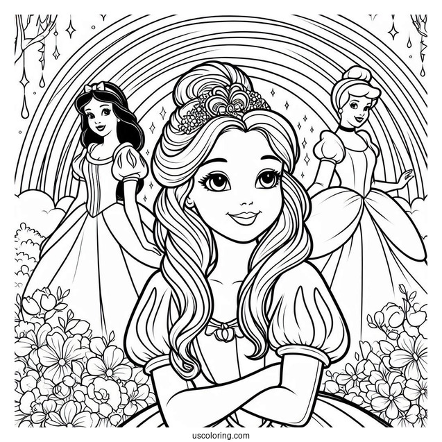 Beautiful Snow White, Cinderella, And Belle In Front Of A Rainbow Coloring Sheet