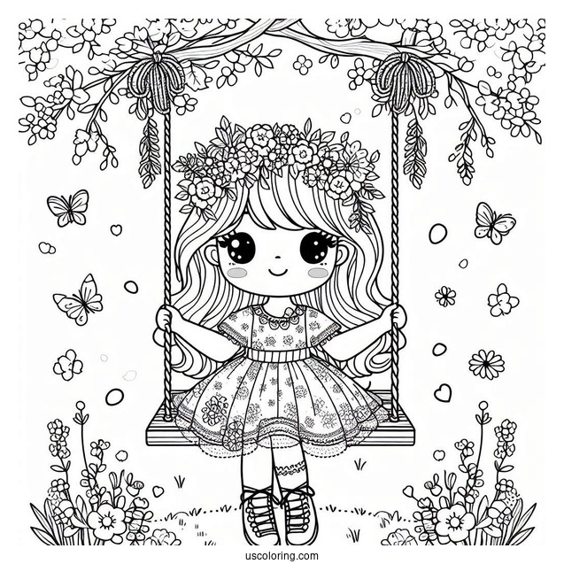 Kawaii Girl On Floral Swing In Spring Coloring Page Coloring Page For Kids