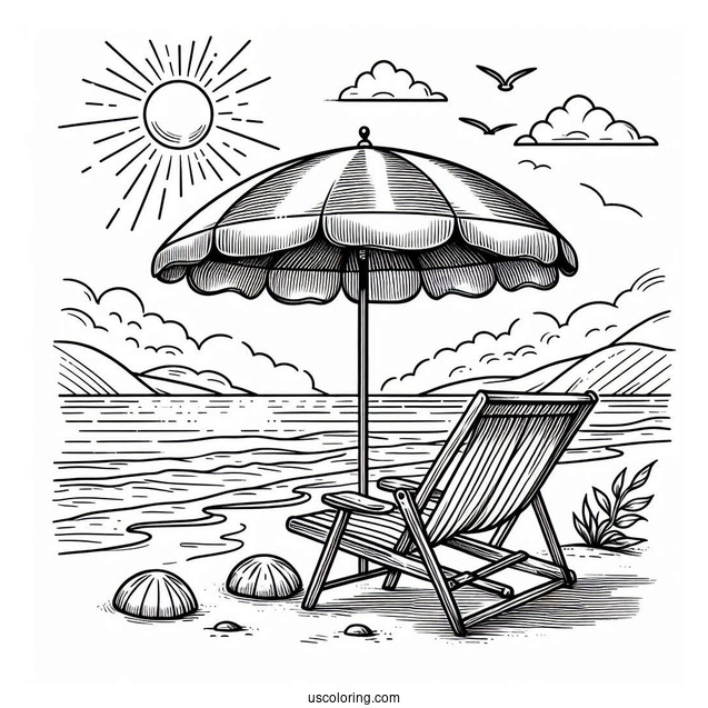 Beach Coloring Page Chair And Umbrella Facing The Sea