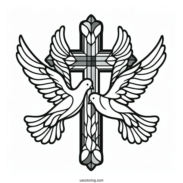 Two Doves Flying To The Cross Stained Glass Coloring Page