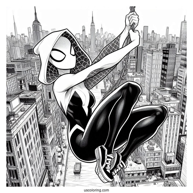 Realistic Spider-Gwen Coloring Page Swinging Across The City