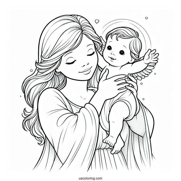 Precious Moments Coloring Page Of Mother Holding Up Baby