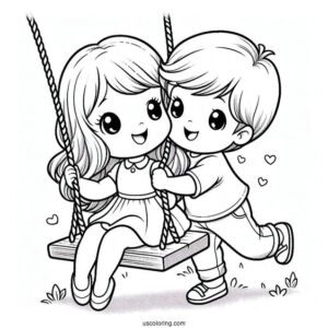 Simple Precious Moments Coloring Page Of Boy Pushing Girl On A Swing