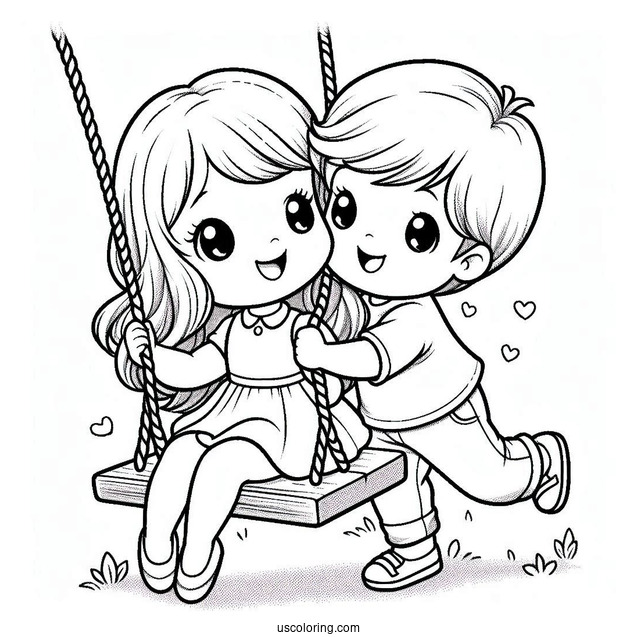 Simple Precious Moments Coloring Page Of Boy Pushing Girl On A Swing