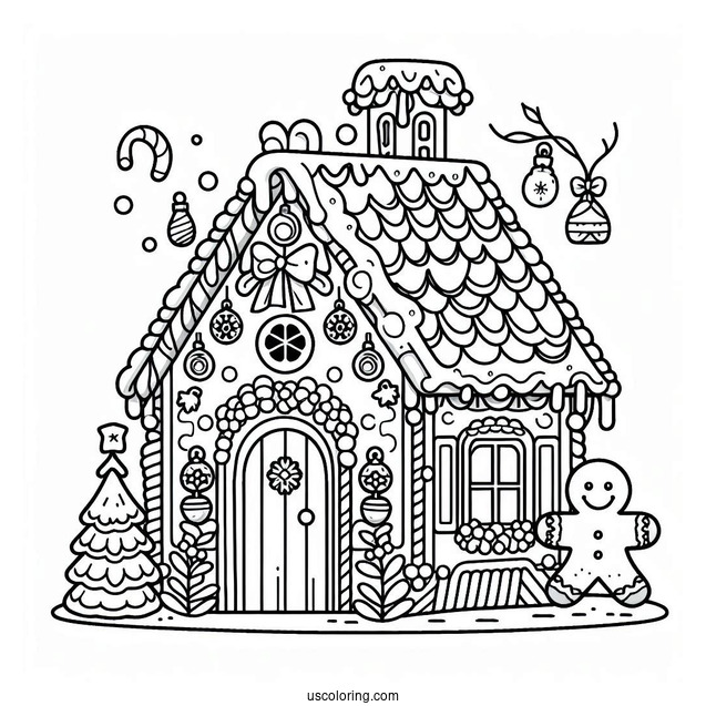 Easy Gingerbread House Christmas Ornaments Coloring Page For Kids
