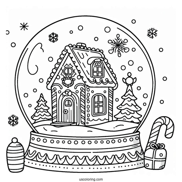Fancy Gingerbread House With Candy Cane Snow Globe Coloring Page