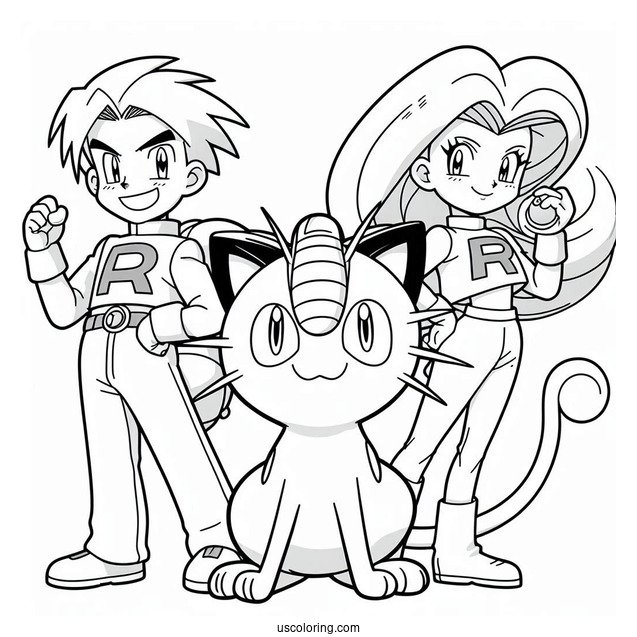 Team Rocket Jessie, James, and Meowth Coloring Page