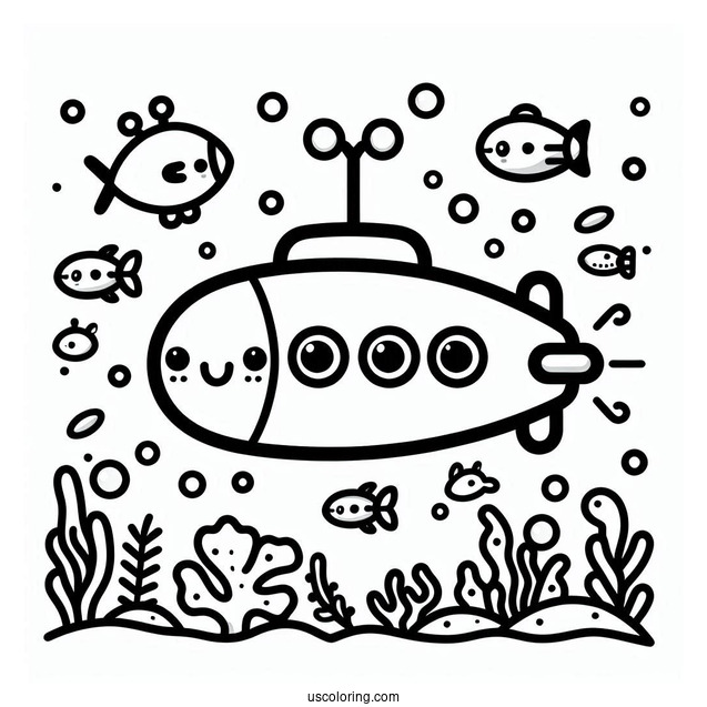 Kawaii Cartoon Submarine Coloring Page For Preschoolers