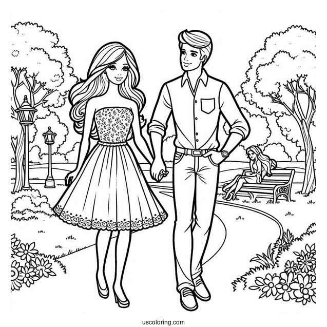 Barbie And Ken Walking In Park To Color