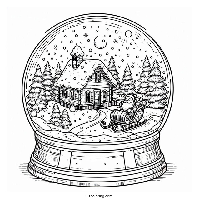 Snow Globe Coloring Page With Winter Cottage And Santa On A Sleigh