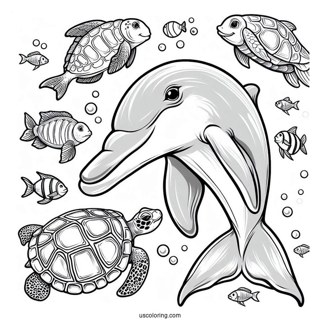 Dolphin Swimming With Fish And Turtle