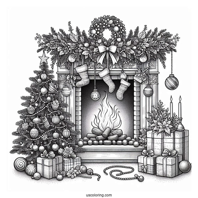 Christmas Coloring Pages For Adults Of Realistic Fireplace With Christmas Garlands And Ornaments