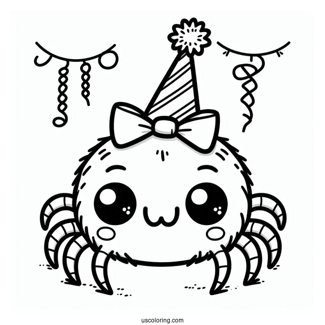 Cartoon Spider Wearing A Birthday Hat Coloring Sheet