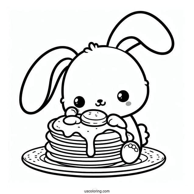 Simple Bunny Eating Fluffy Pancake Coloring Page For Preschoolers