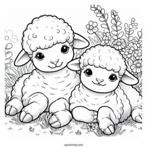 Two Cute Lambs Resting On Grass To Color