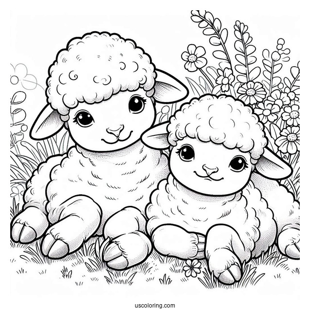 Two Cute Lambs Resting On Grass To Color
