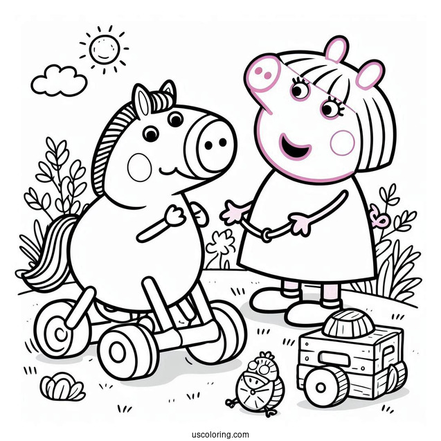 Peppa And George Playing Together On Toy Horse