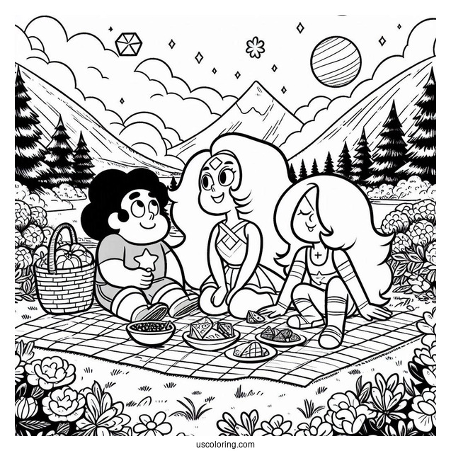 Detailed Steven Universe Coloring Page With Connie, Sardonyx, And Amethyst Having Picnic