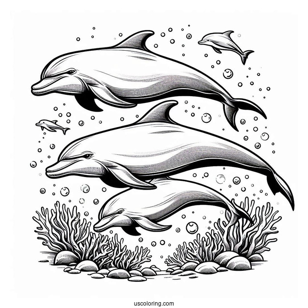 Pod Of Dolphins Underwater Coloring Page
