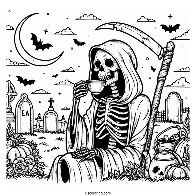 Skeleton Coloring Page Of Grim Reaper Drinking Tea In Cemetery Halloween