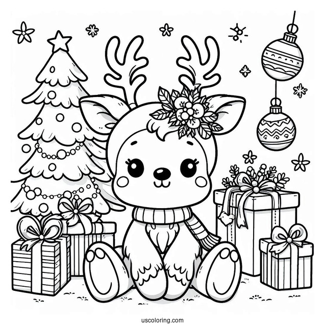 Cute Rudolph Coloring Page Sitting With Christmas Presents For Kids