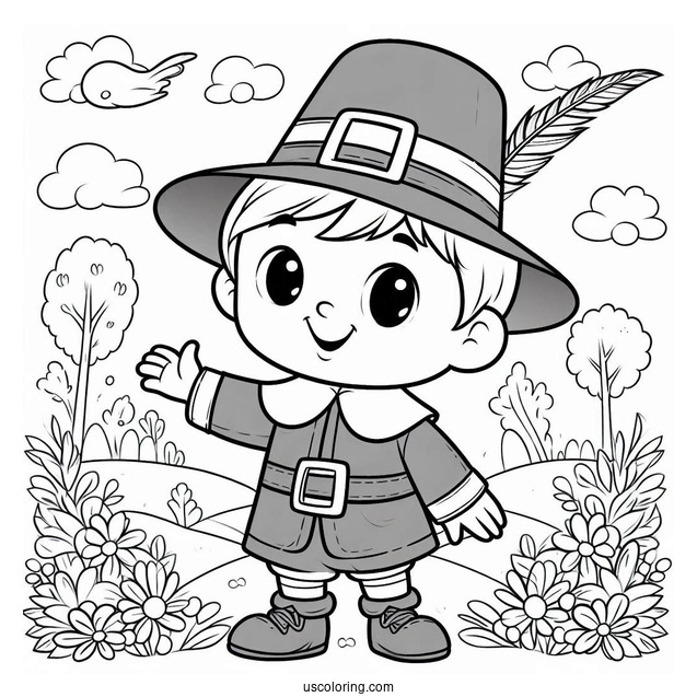 Happy Boy Pilgrim Coloring Page For Preschoolers