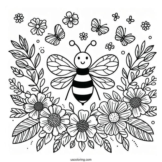 Bee Coloring Page Of Surrounded By Flowers And Leaves