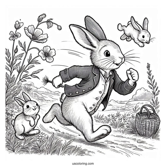 Thomas McGregor Chasing Peter Rabbit Coloring Page, Flops, Mopsy, Cotton Tail, And Friends