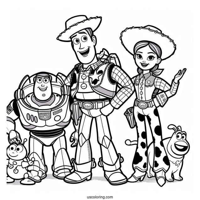 Pixar Coloring Page of Toy Story Woody, Buzz, And Jessie With Friends