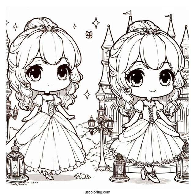 Chibi Cinderella Standing Outside The Castle With Lamps Coloring Sheet For Kids