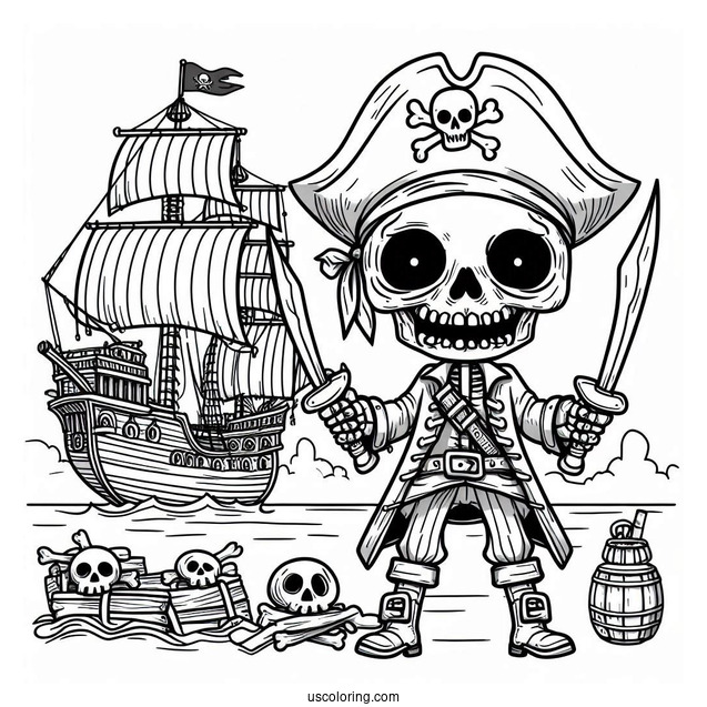Scary Pirate In Front Of A Sailing Pirate Ship Coloring Page