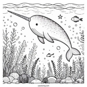 Narwhal Coloring Page Swimming Underwater With Aquatic Life