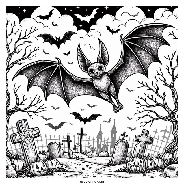 Creepy Bat Coloring Page Flying Over Graveyard On Halloween