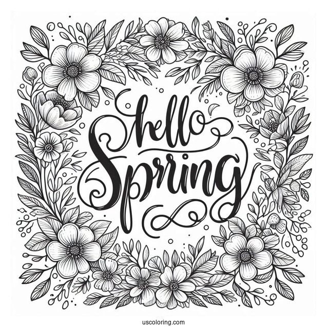 Calligraphy Hello Spring Coloring Page With Flower Wreath