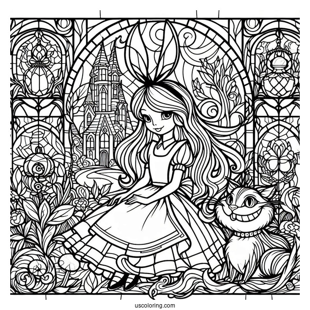 Alice In Wonderland With The Rabbit And The Cheshire Cat Stained Glass Coloring Page