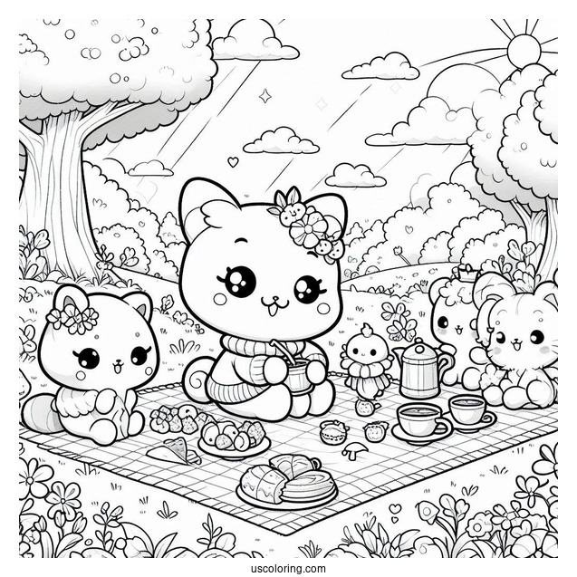 Chibi Coloring Page Tea Party in a Sunny Forest Meadow with Animal Friends