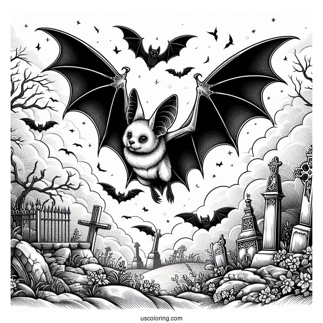 Realistic Bats Coloring Page Flying In Cemetery