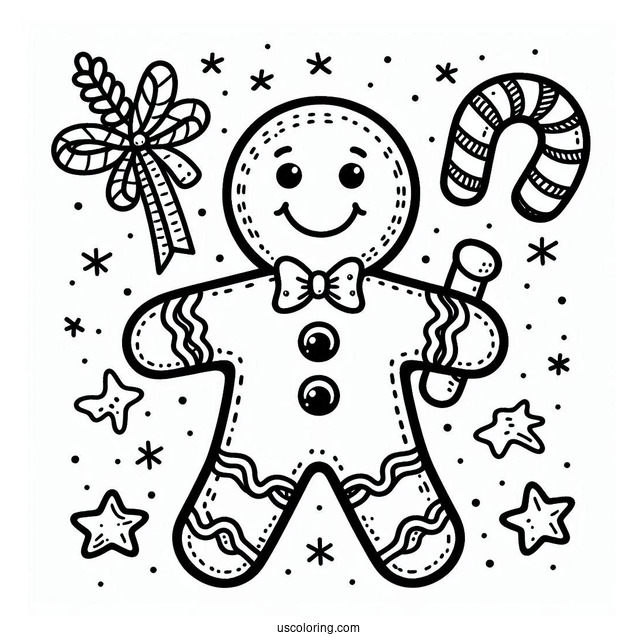 Gingerbread Man Holding Candy Cane Coloring Page