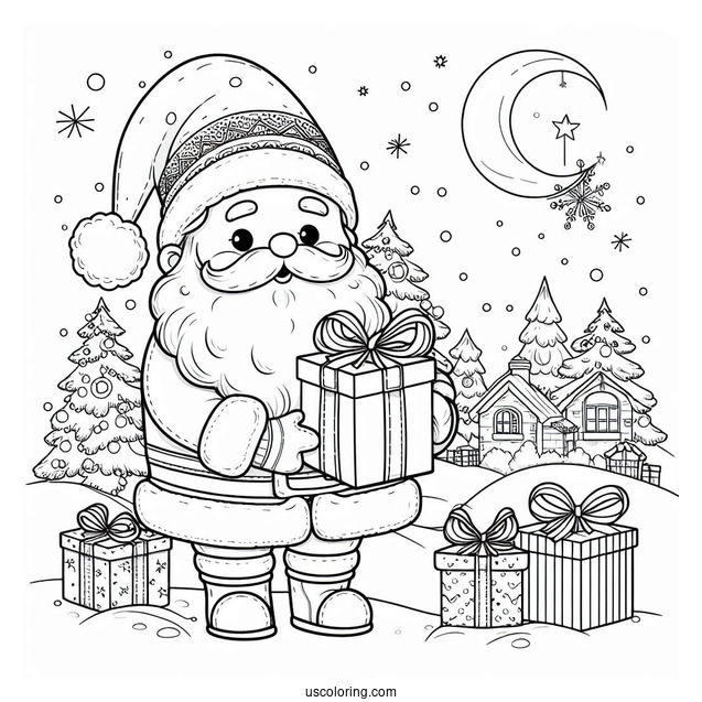 Christmas Coloring Pages For Adults Of Easy Outline Of Realistic Santa Claus Holding Presents Christmas