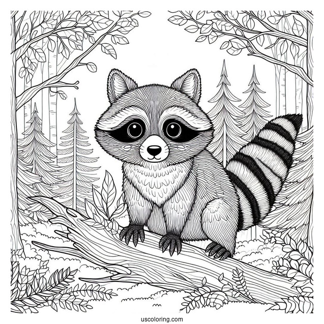 Adult Raccoon Coloring Page In A Forest