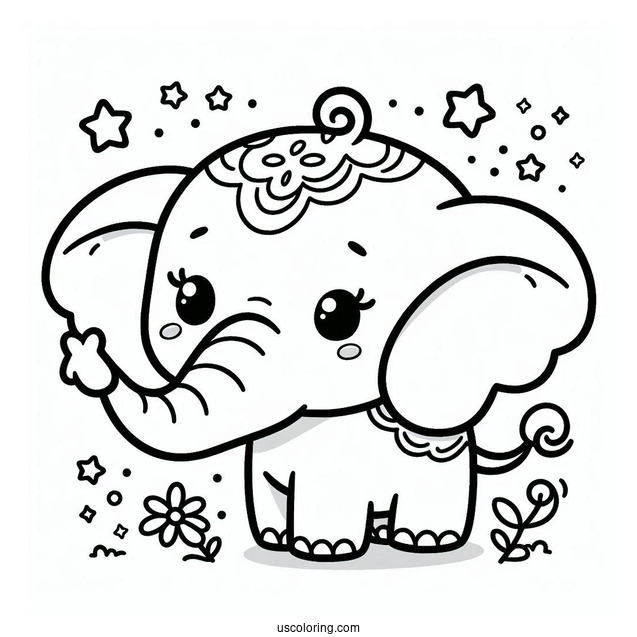 Cute Kawaii Elephant Coloring Sheet For Toddlers
