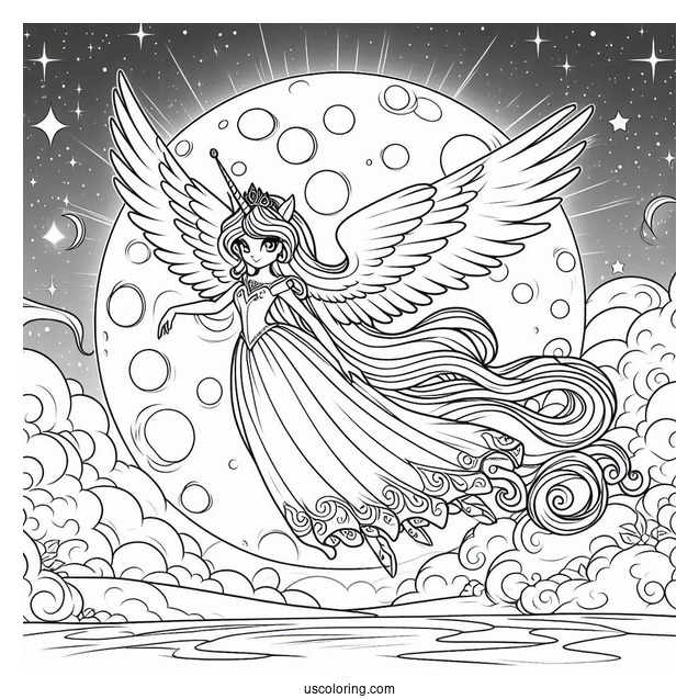 Princess Luna Coloring Page Flying In Front Of A Full Moon