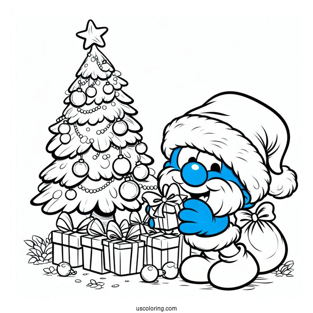 Santa Smurf Beside Christmas Tree Coloring In