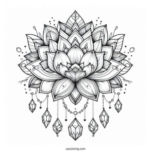 Lotus Flower Mandala Coloring Page With Hanging Crystals